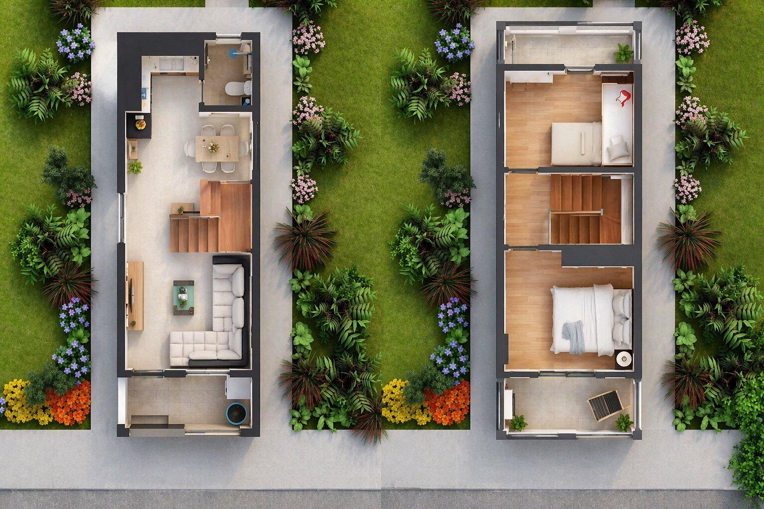 Bản vẽ nhà 2 tầng 5x15m với 2 phòng ngủ rộng rãi, phù hợp gia đình trẻ