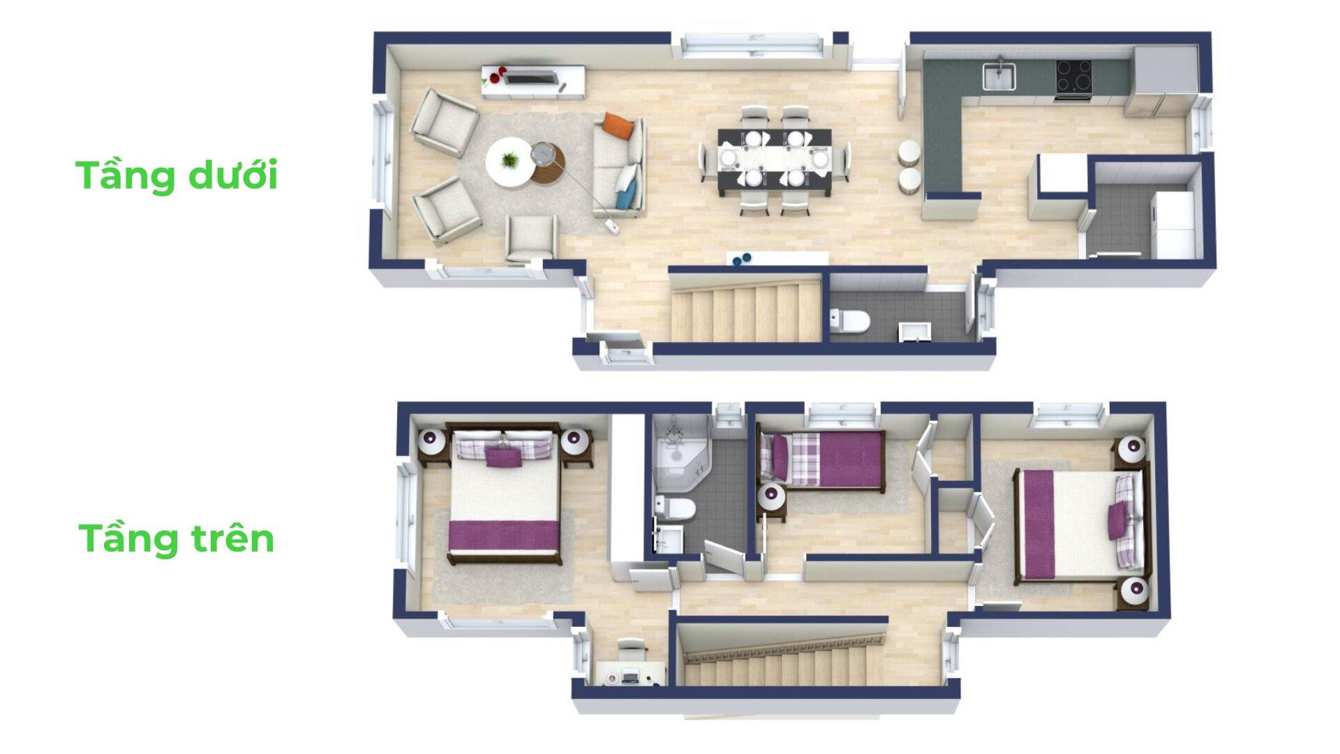Bản vẽ nhà ống 5x15m bố trí phòng khách và bếp liên thông tạo không gian mở