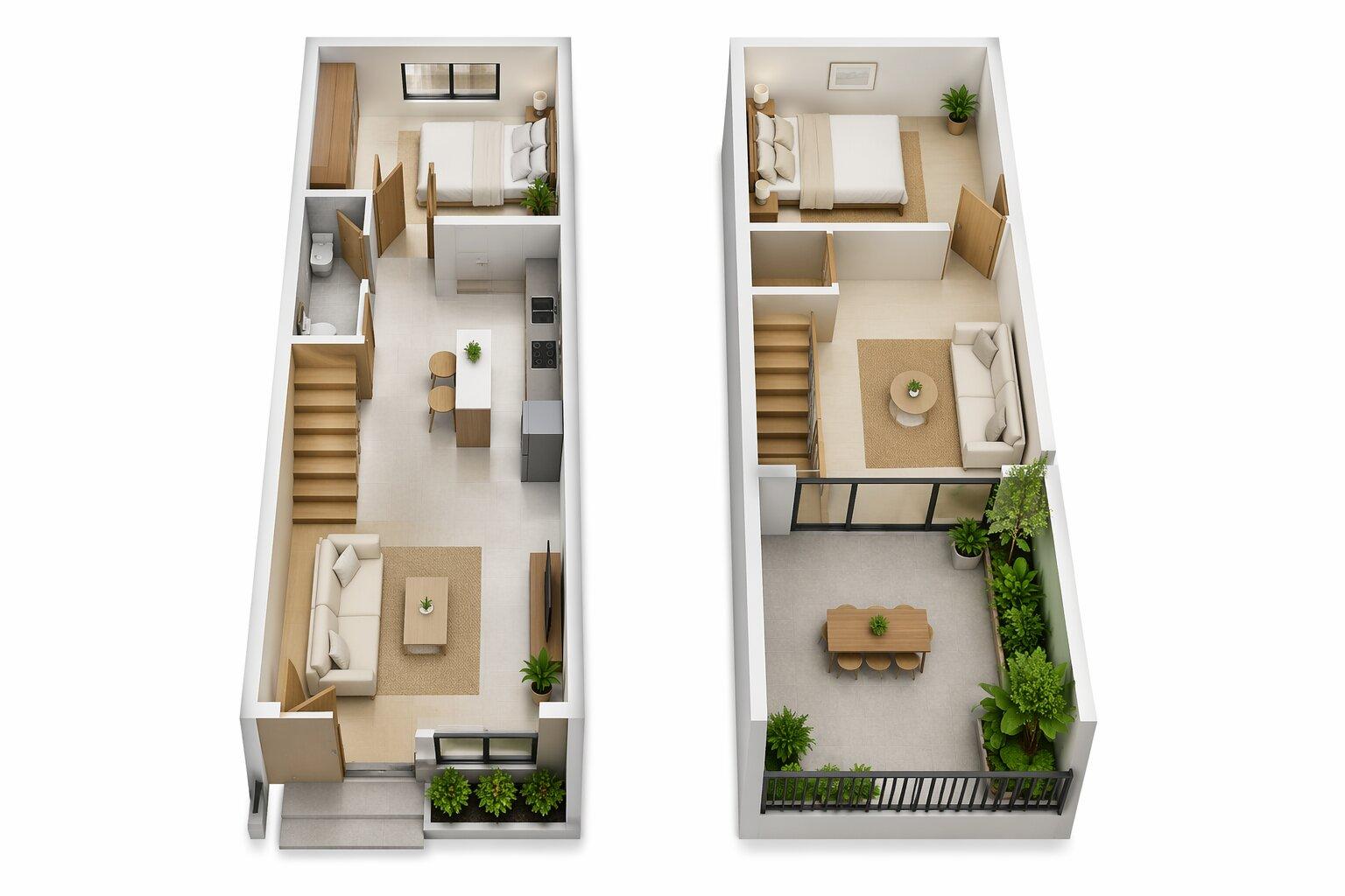 Thiết kế nhà 2 tầng 5x15m có ban công rộng hiện đại