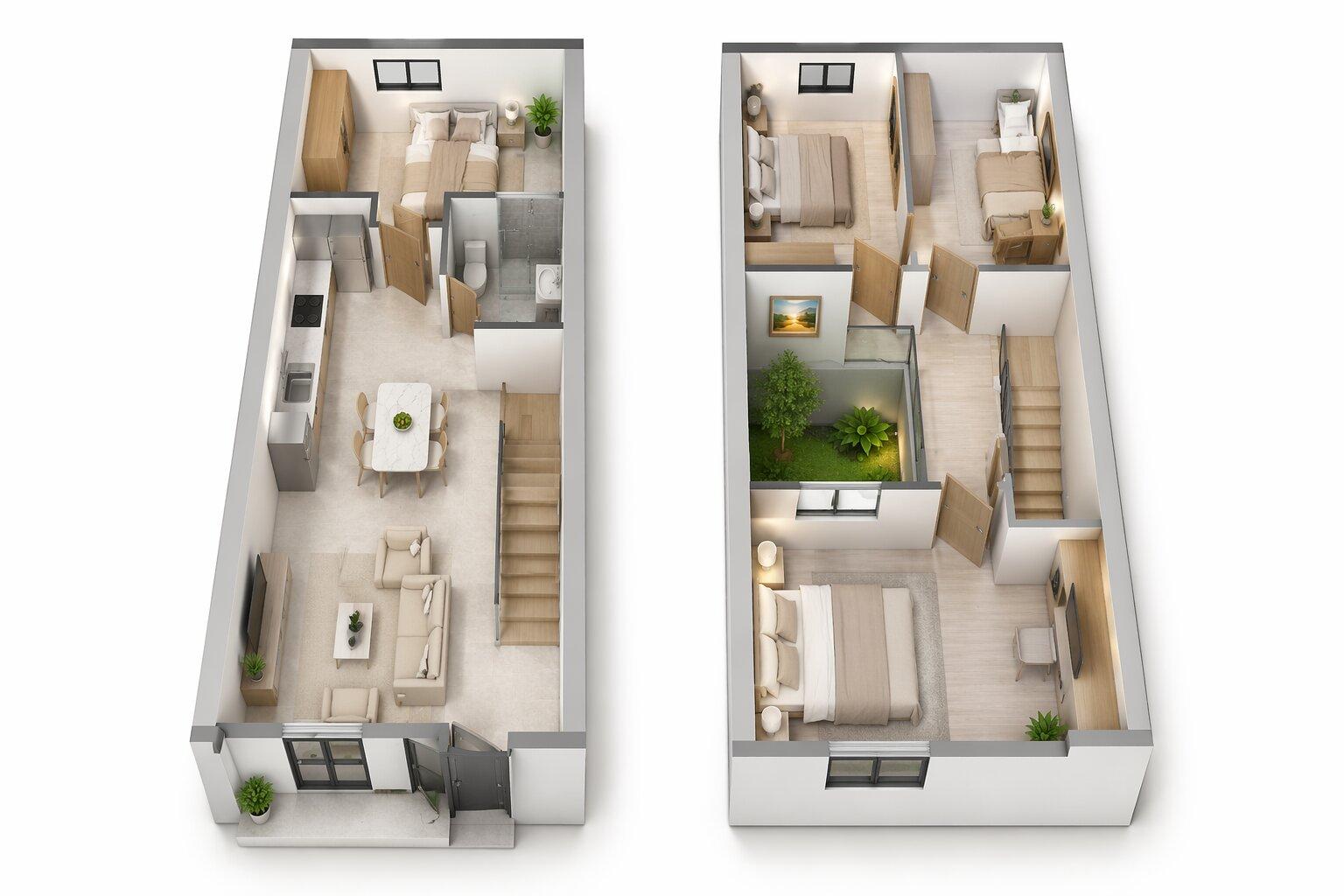 Nhà ống 5x15m 2 tầng có giếng trời lấy sáng tự nhiên