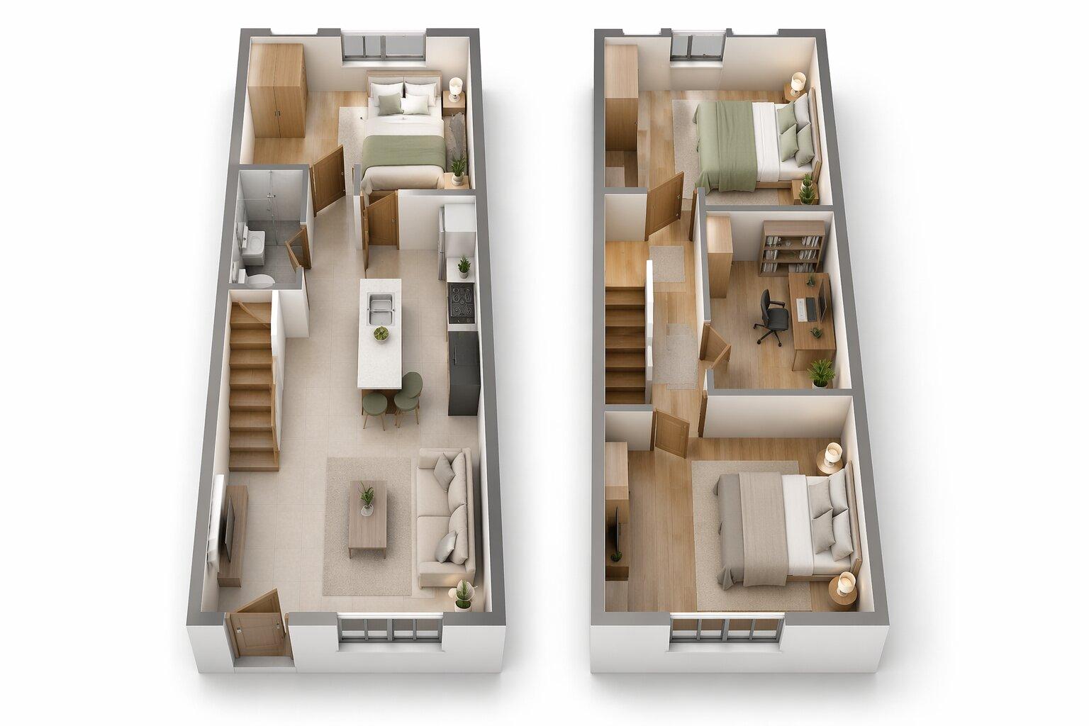 Bản vẽ nhà ống 5x15m dành cho 3 - 5 thành viên với các phòng ngủ sắp xếp khoa học