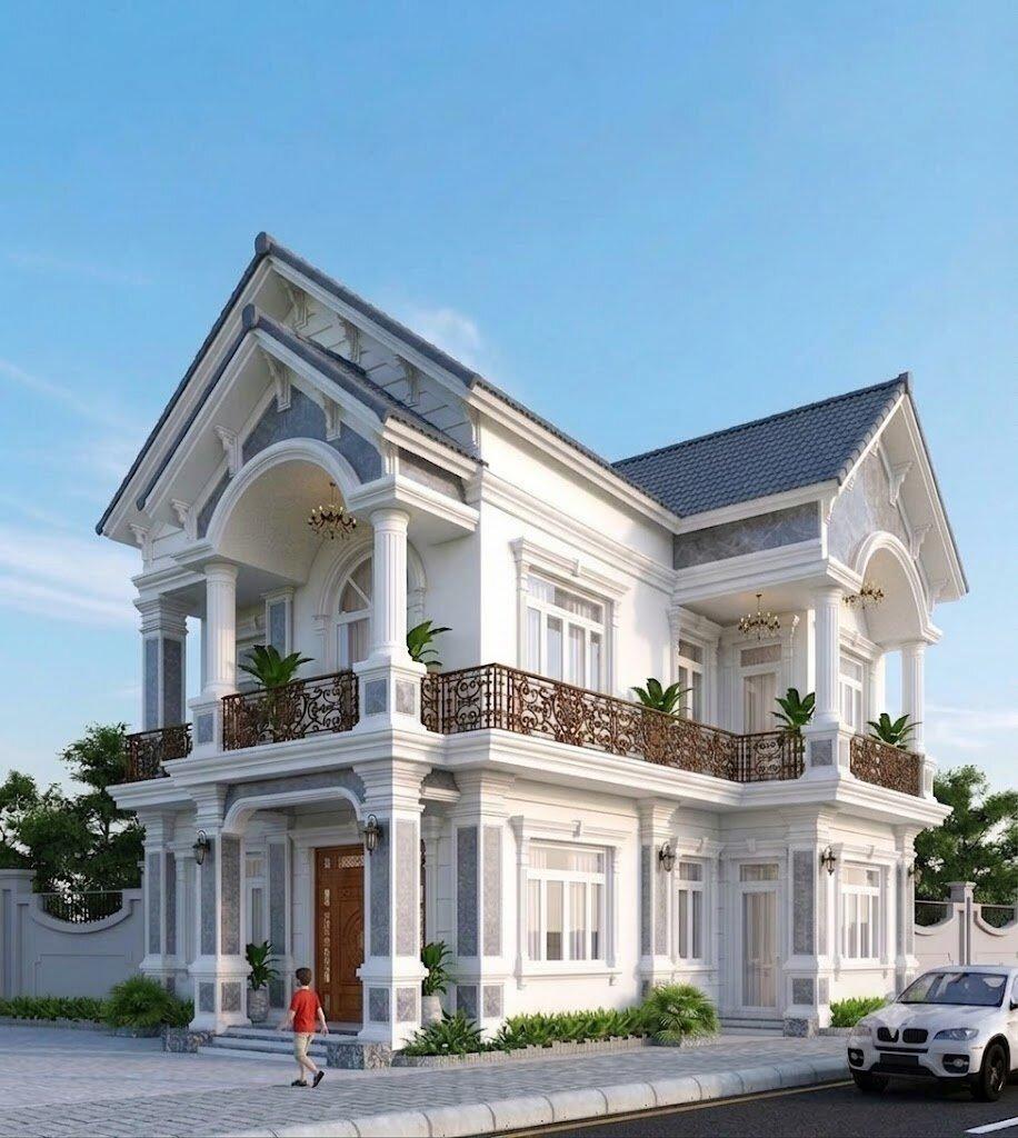Phối cảnh 3D mặt tiền tân cổ điển sang trọng cho nhà chữ L 2 tầng 7x11m