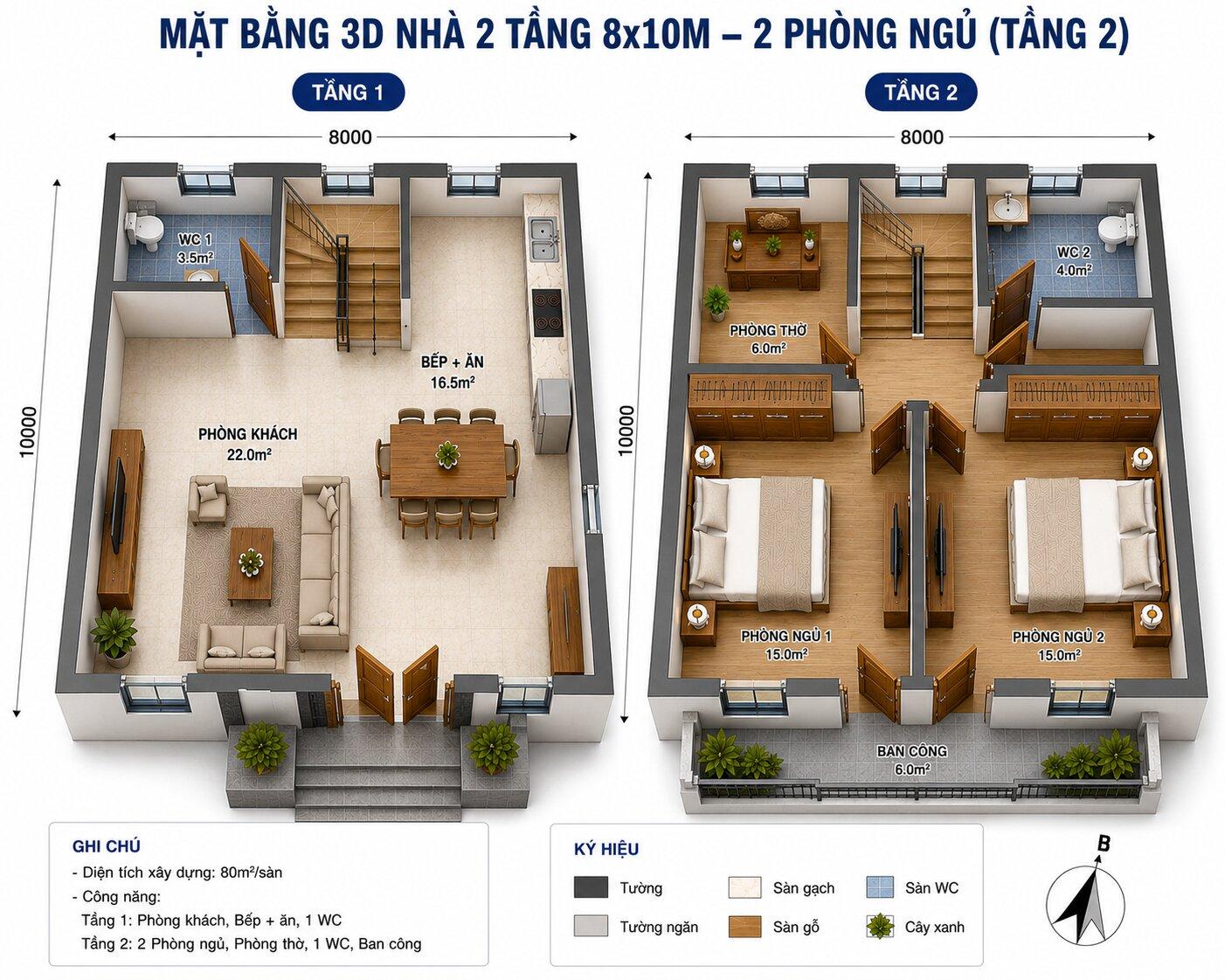 Bản vẽ phối cảnh 3D không gian nội thất nhà 2 tầng 8x10m 2 phòng ngủ