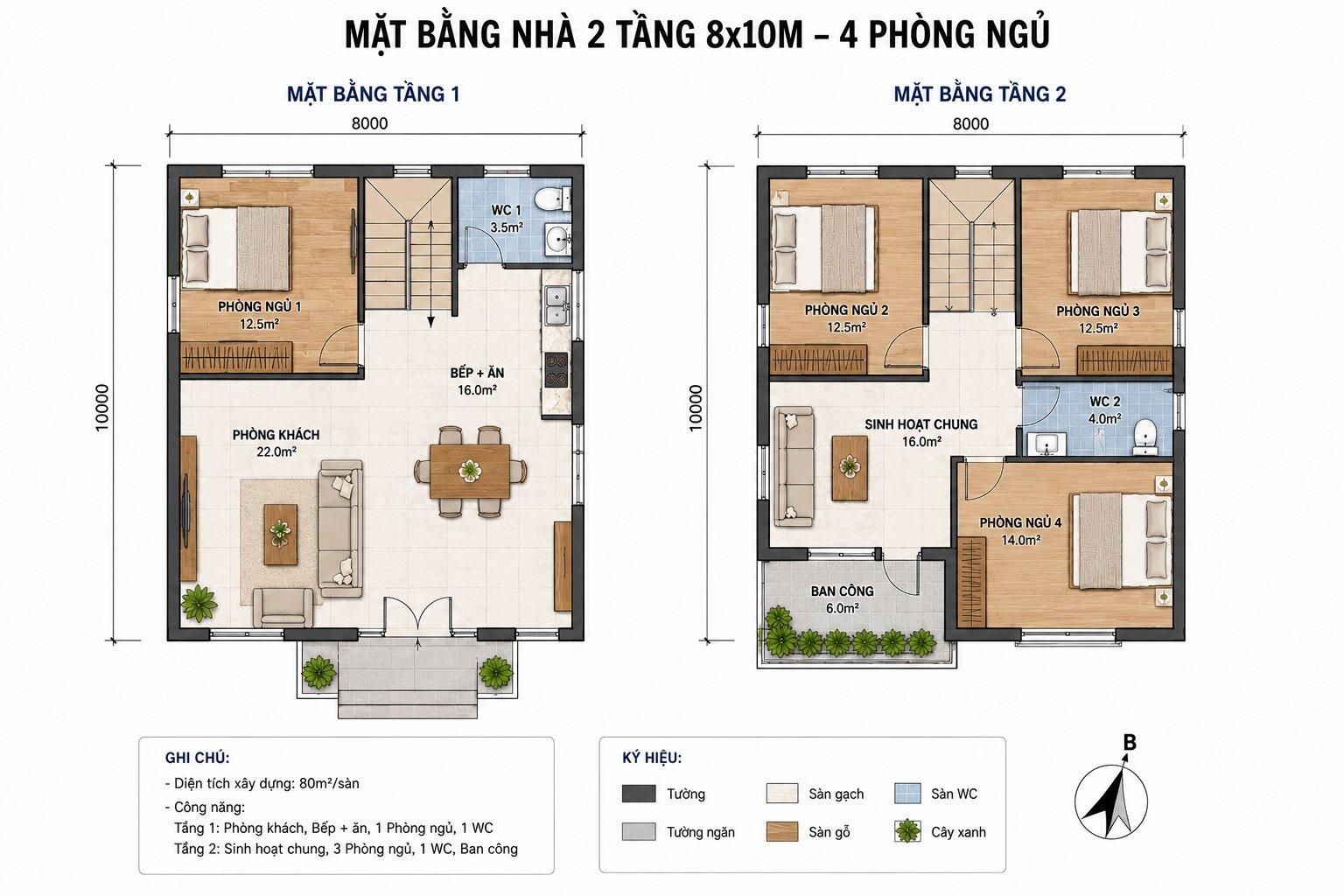 Bản vẽ mặt bằng 2D nhà 2 tầng 8x10m 4 phòng ngủ