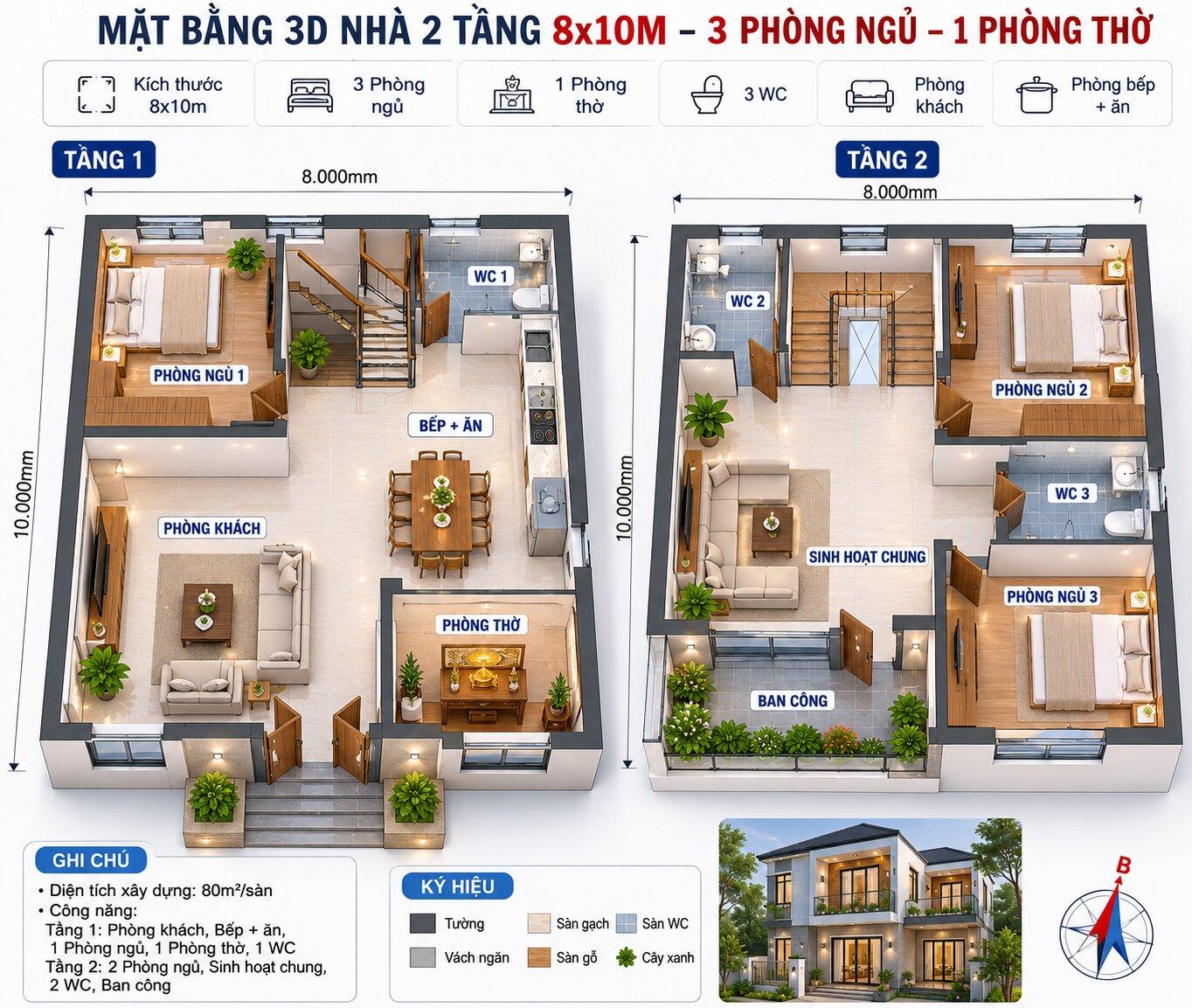 Bản vẽ phối cảnh 3D nhà 2 tầng 8x10m 3 phòng ngủ 1 phòng thờ