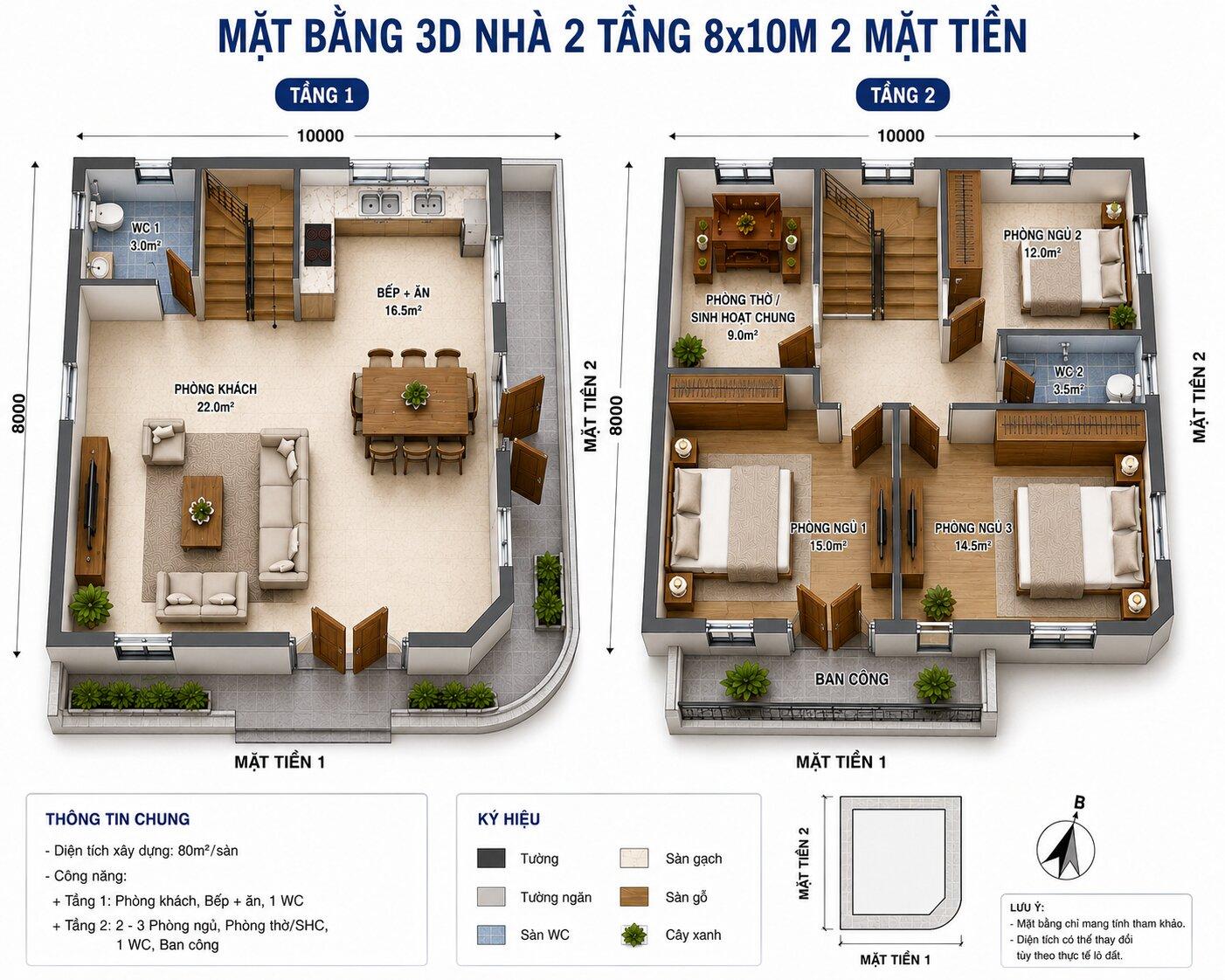 Bản vẽ phối cảnh 3D nhà 2 tầng 8x10m lô góc 2 mặt thoáng