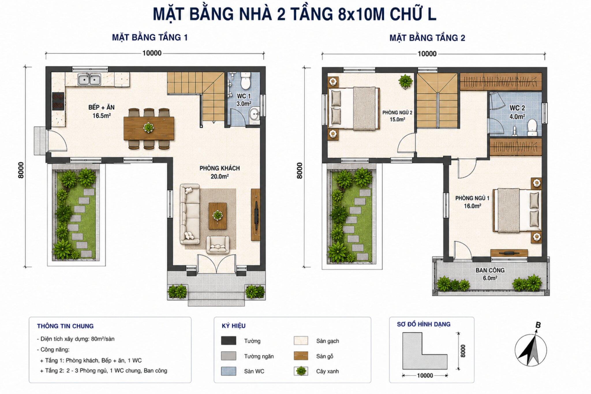 Bản vẽ mặt bằng 2D cho nhà 2 tầng 8x10m chữ L