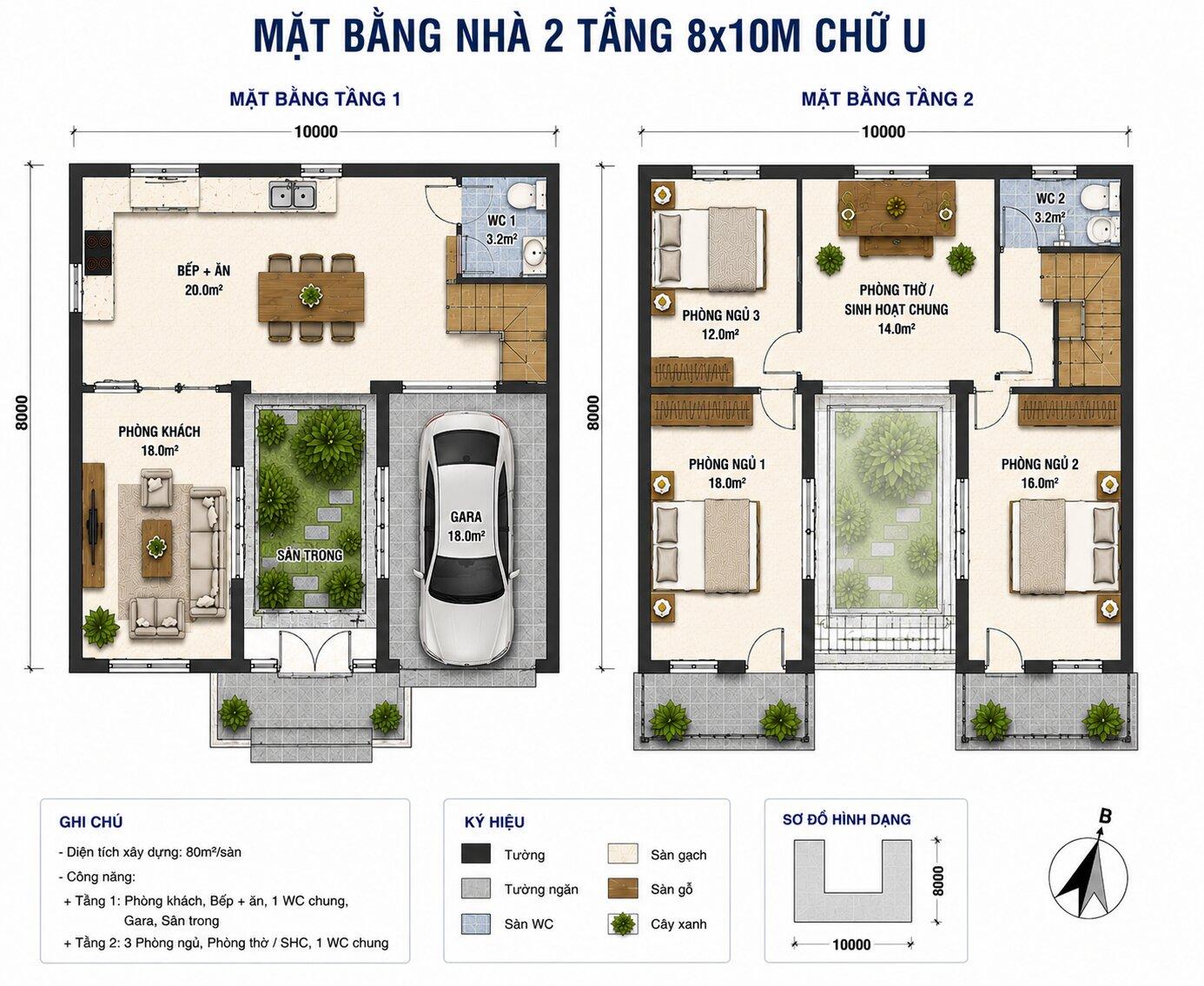 Bản vẽ mặt bằng 2D phân chia không gian đối xứng nhà 2 tầng 8x10m chữ U