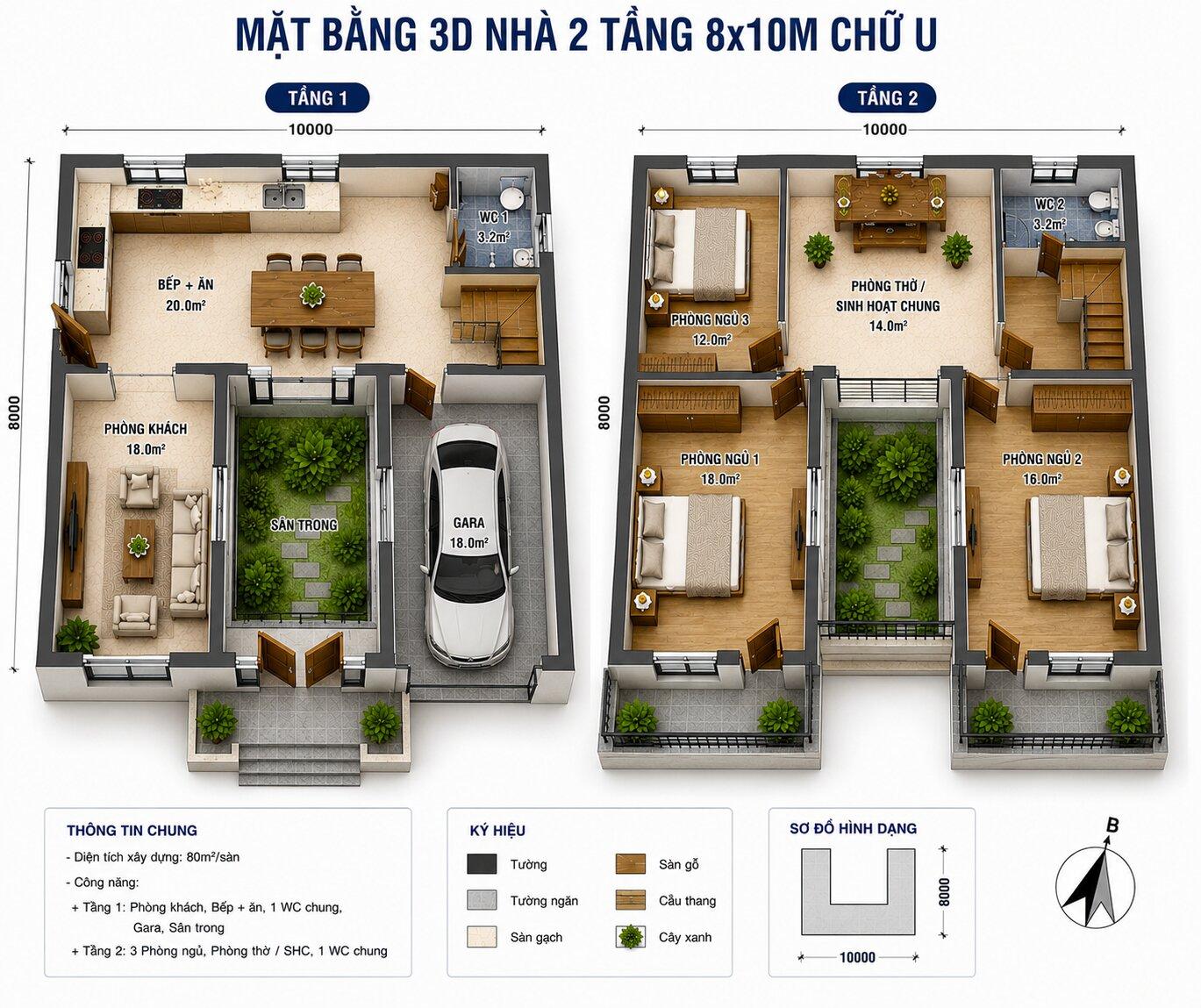 Bản vẽ phối cảnh 3D nhà 2 tầng chữ U 8x10m