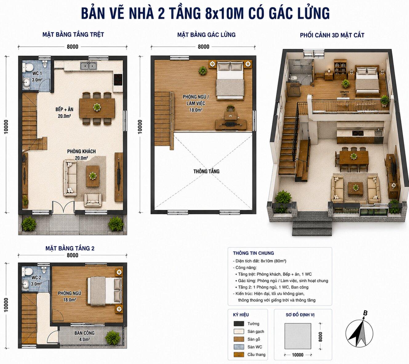 Bản vẽ mặt bằng nhà 2 tầng 8x10m có gác lửng