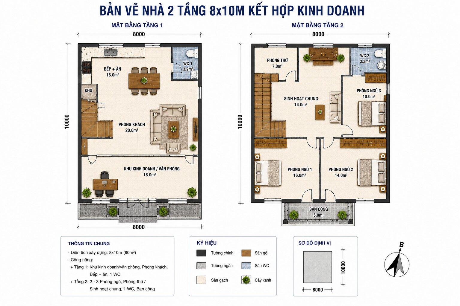Bản vẽ mặt bằng 2D phân chia khu vực kinh doanh và nhà ở cho diện tích 8x10m