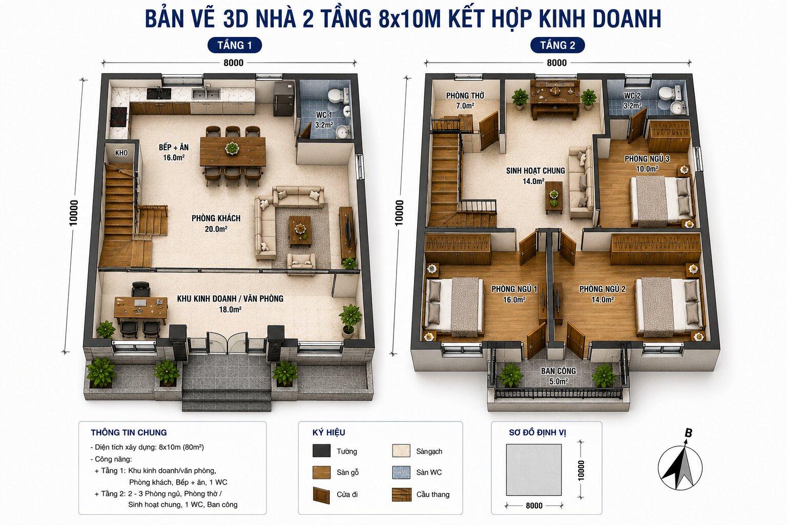 Bản vẽ phối cảnh 3D bóc mái luồng giao thông nhà 2 tầng kết hợp kinh doanh