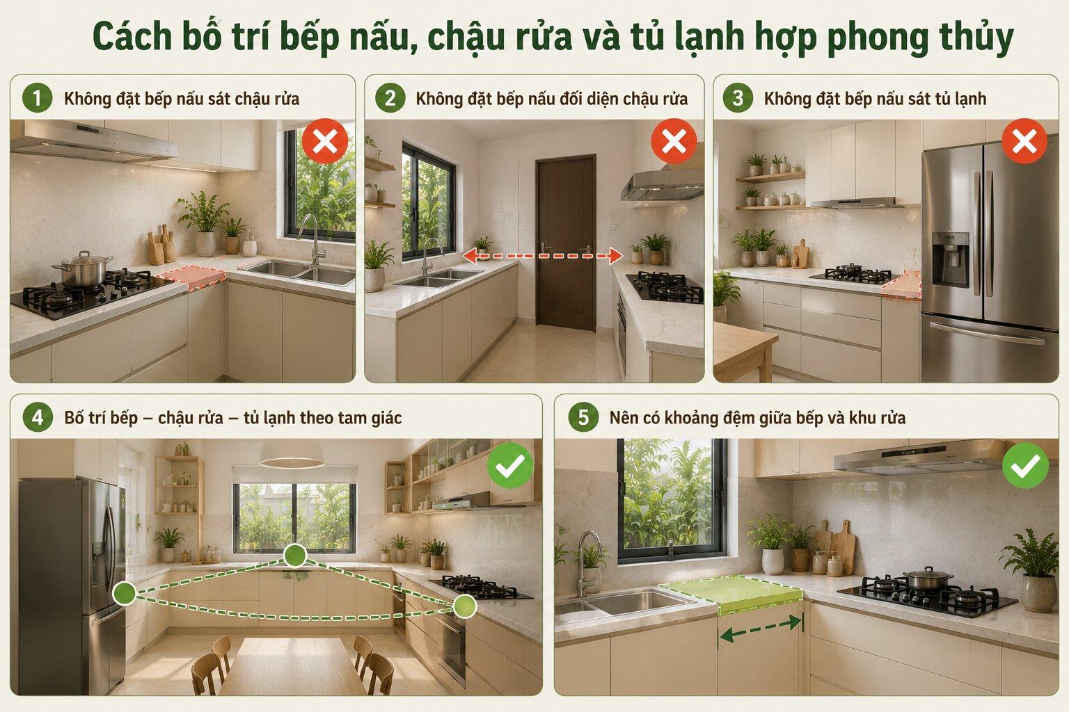 Những lưu ý khi bố trí bếp nấu, chậu rửa và tủ lạnh