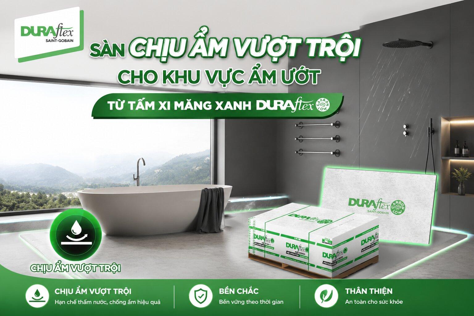 Sàn chịu ẩm vượt trội cho khu vực ẩm ướt từ tấm xi măng xanh Duraflex