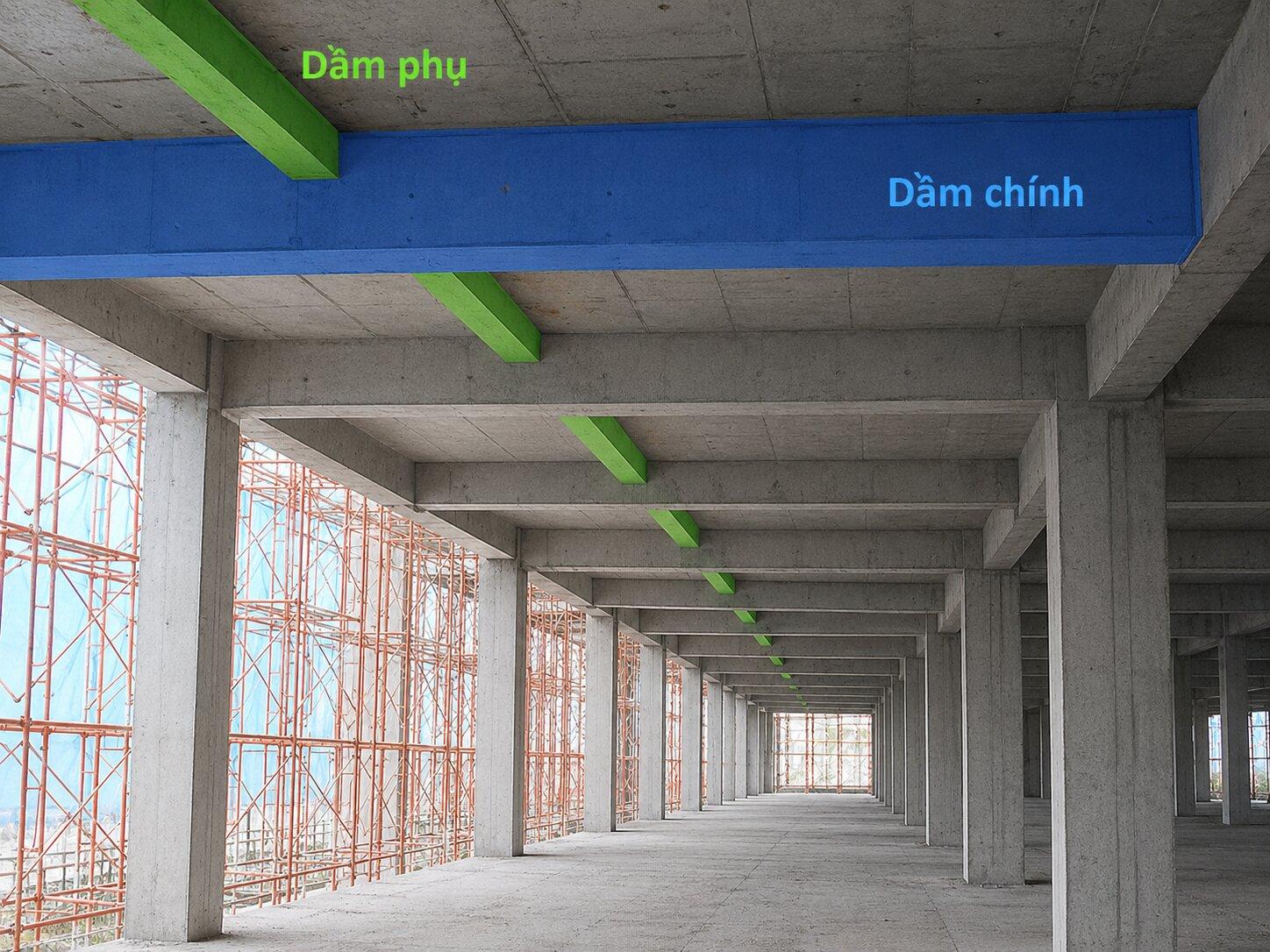 Dầm chính nối liền hai đầu cột và dầm phụ đặt vuông góc giúp chia nhỏ ô sàn để gánh lực (Nguồn: Internet)