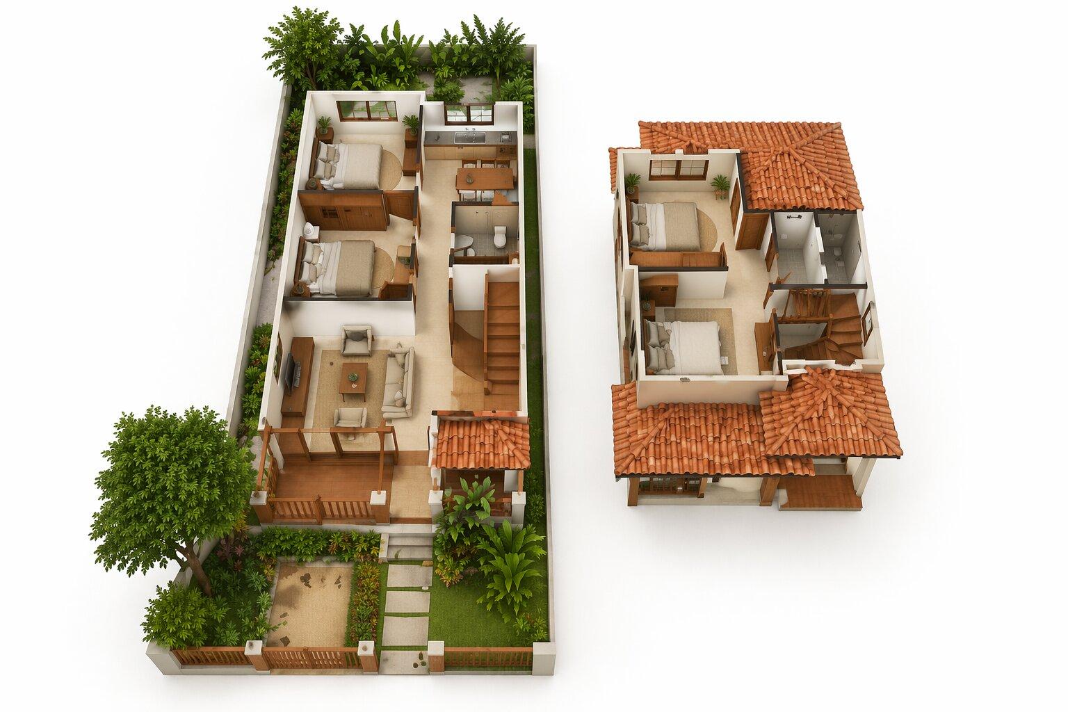 Mặt bằng bố trí 4 phòng ngủ trong nhà cấp 4 gác lửng 6x20m