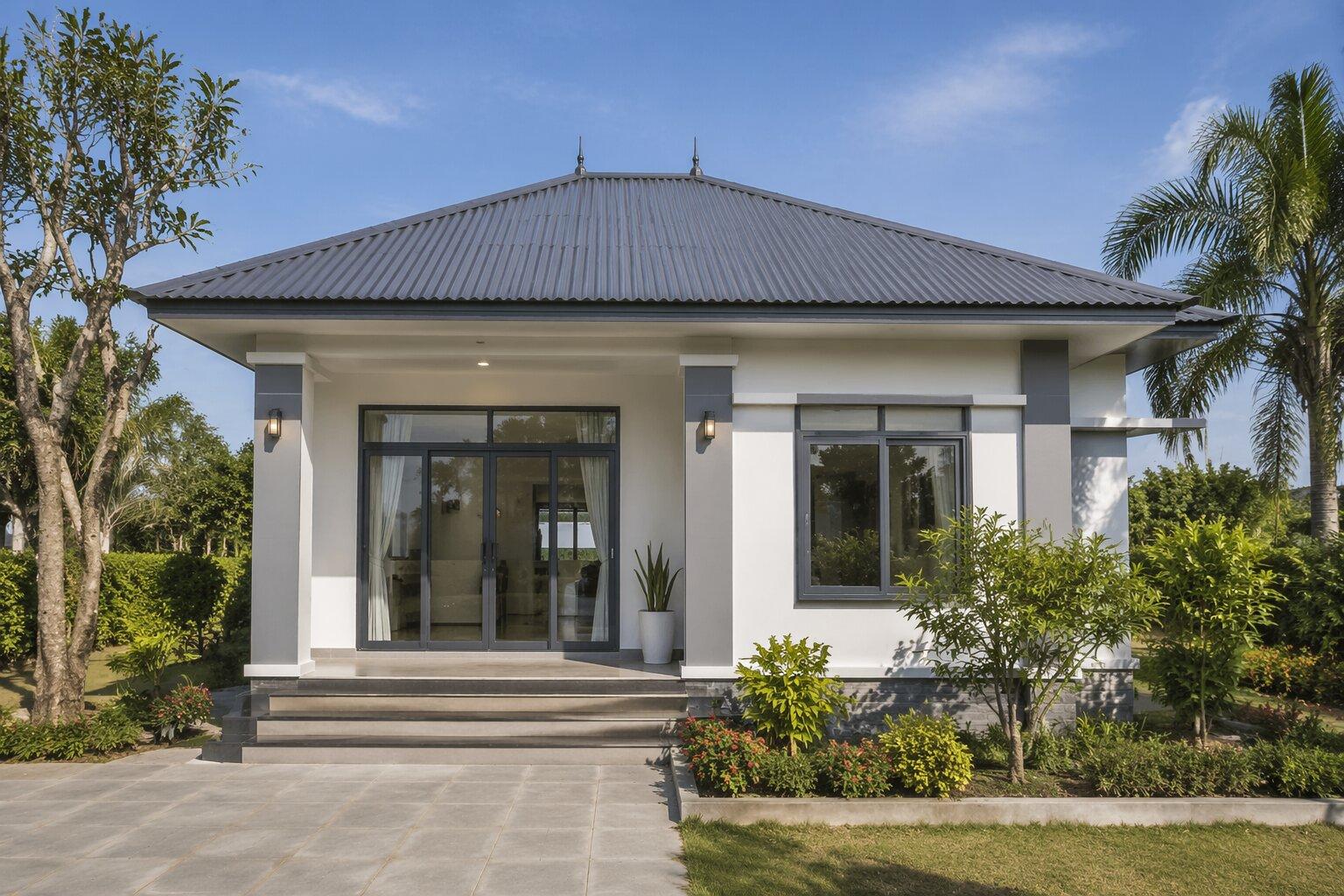 Mặt tiền nhà gác lửng mái tôn kết hợp cửa kính lấy sáng tự nhiên