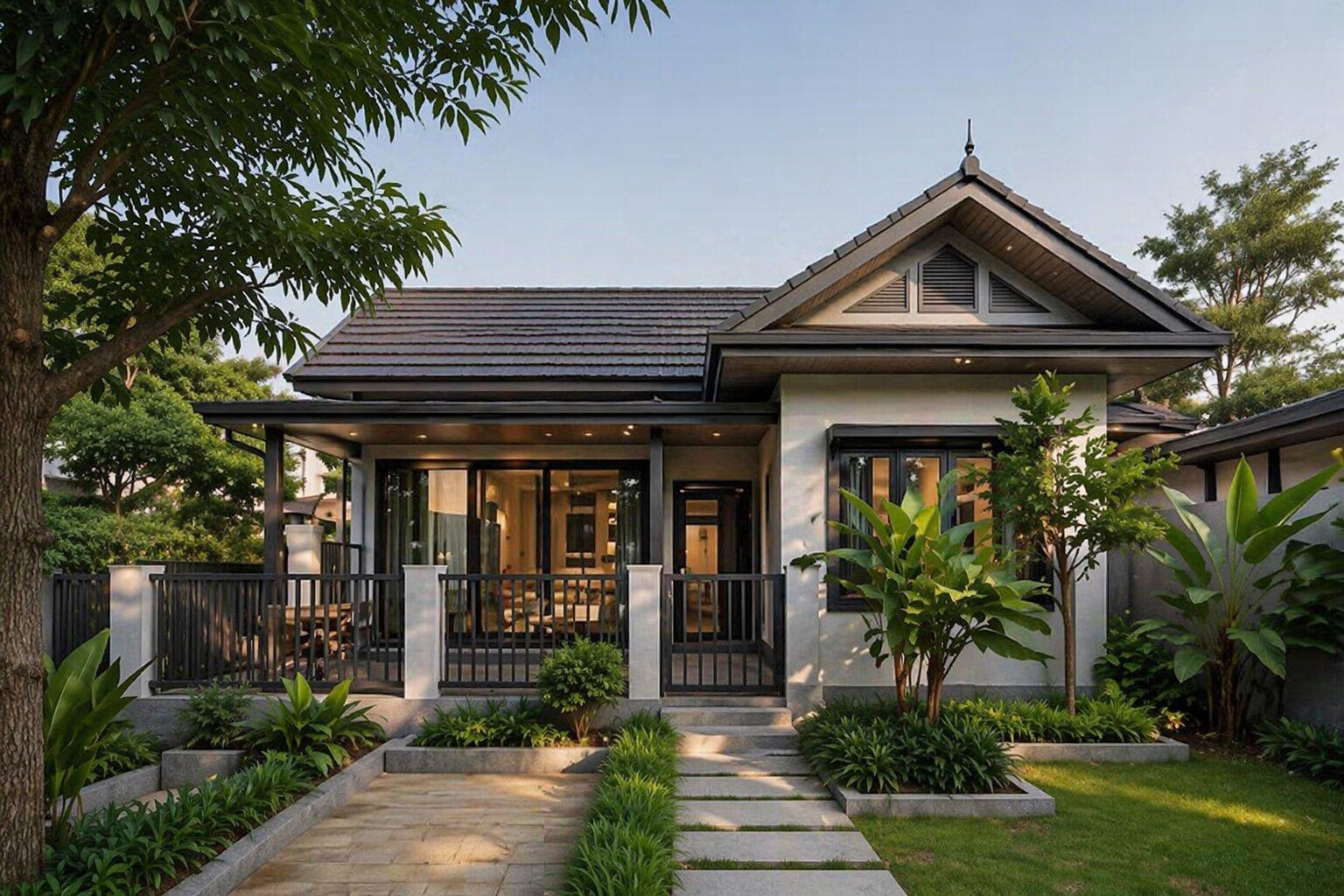 Nhà cấp 4 gác lửng mái Thái với gam màu trung tính hiện đại