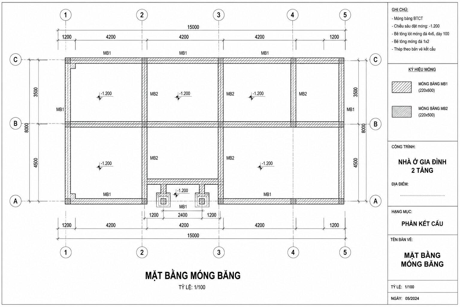 Bản vẽ mặt bằng móng bằng nhà 2 tầng