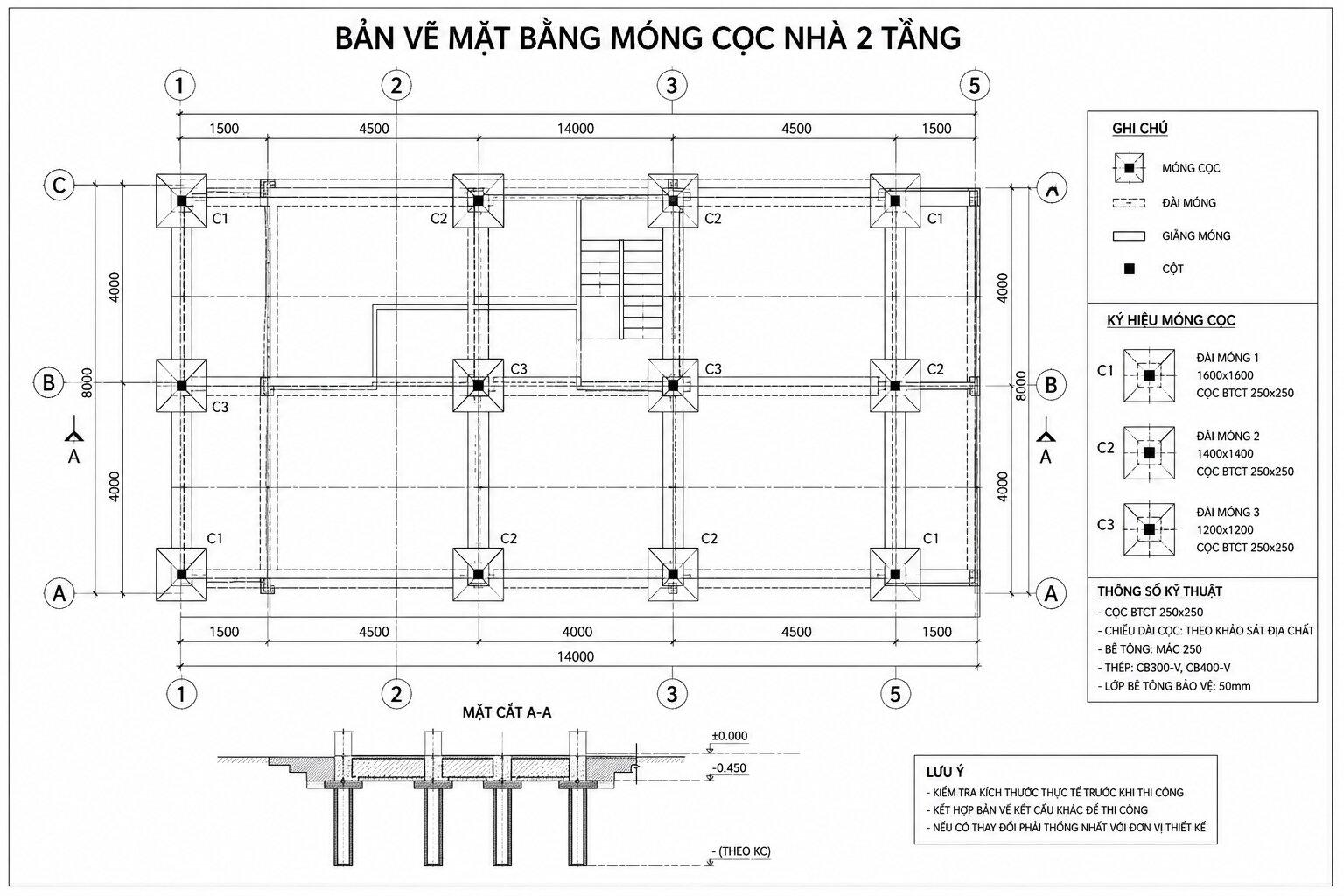 Bản vẽ móng cọc nhà 2 tầng