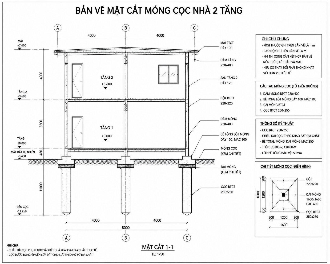 Bản vẽ mặt cắt móng cọc nhà 2 tầng