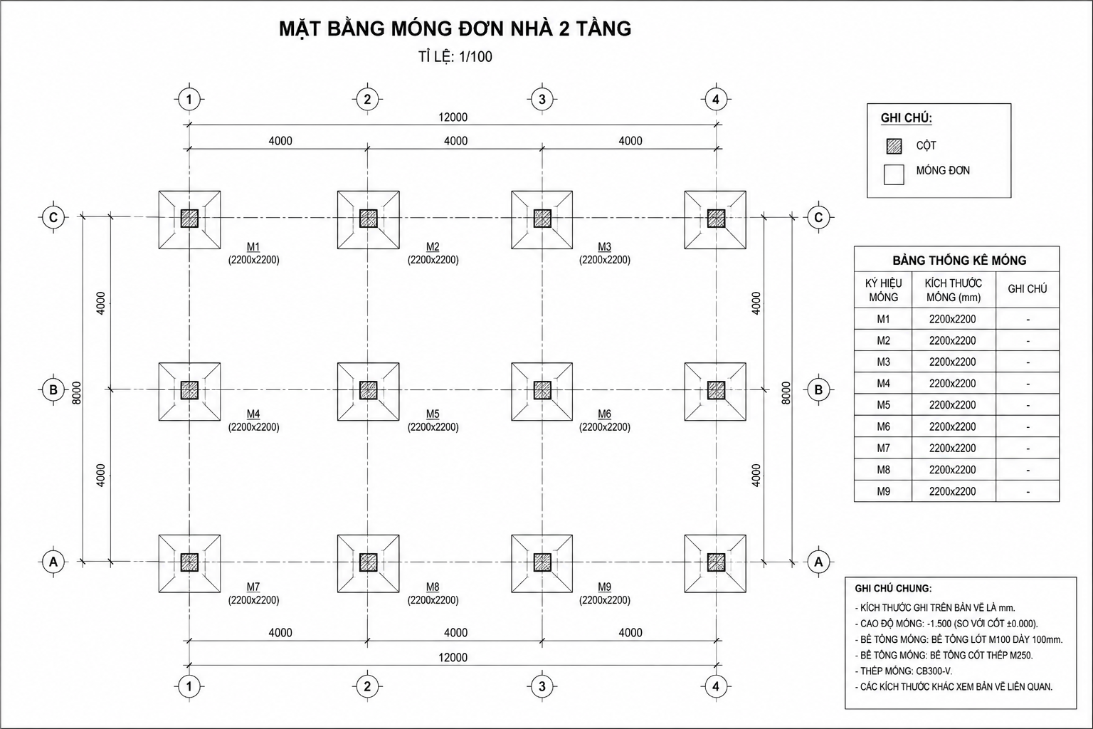 Bản vẽ mặt bằng móng đơn nhà 2 tầng