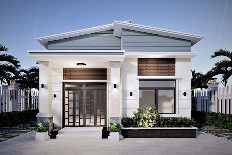 Mặt tiền nhà cấp 4 mái lệch nổi bật với hình khối vuông vức và hệ cửa kính cường lực lớn (Nguồn: Internet)