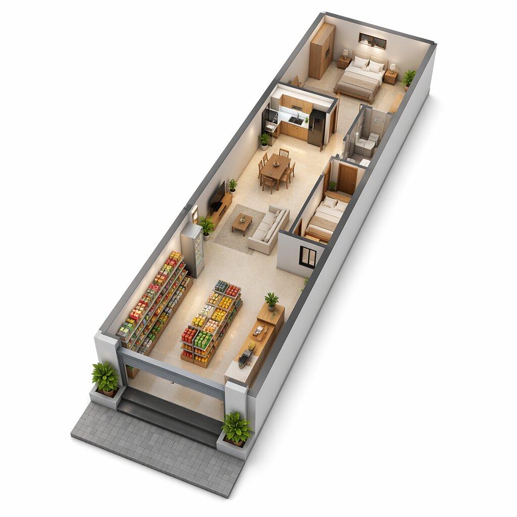 Không gian cửa hàng tạp hóa kết hợp nhà ở gọn gàng