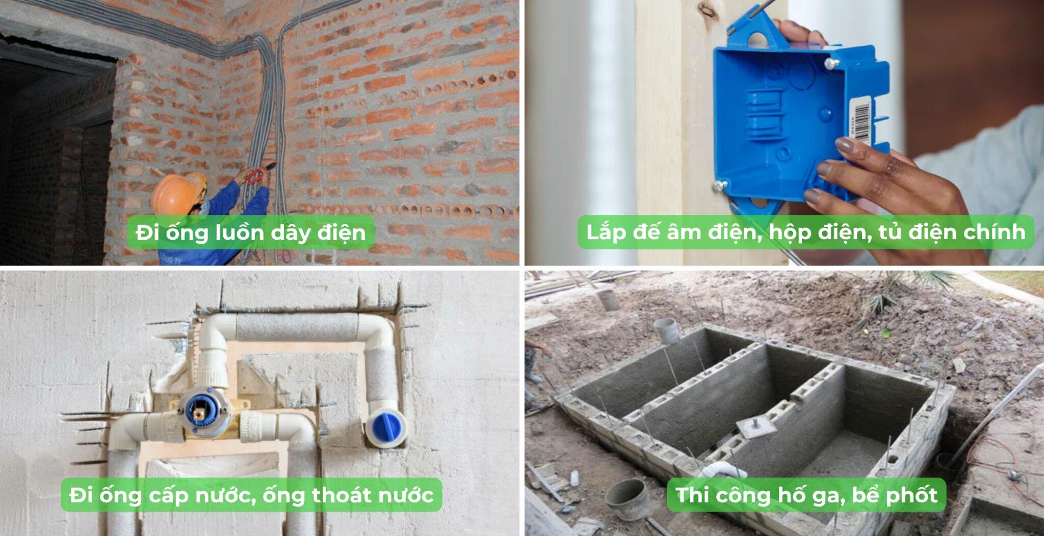 Thi công hệ thống điện nước âm tường và hố ga, bể phốt trước khi trát hoàn thiện