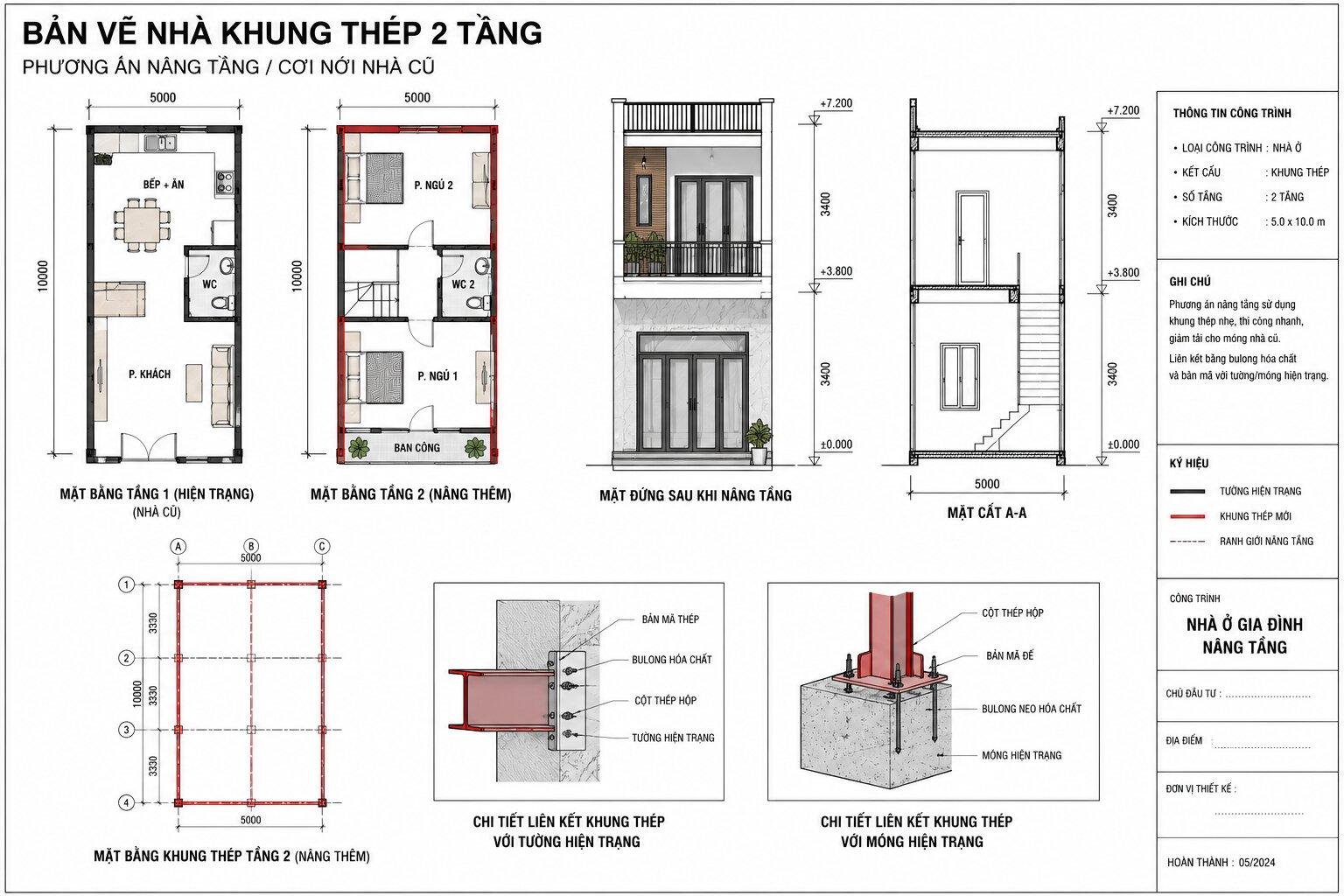 Bản vẽ nâng tầng nhà cũ bằng hệ khung thép nhẹ