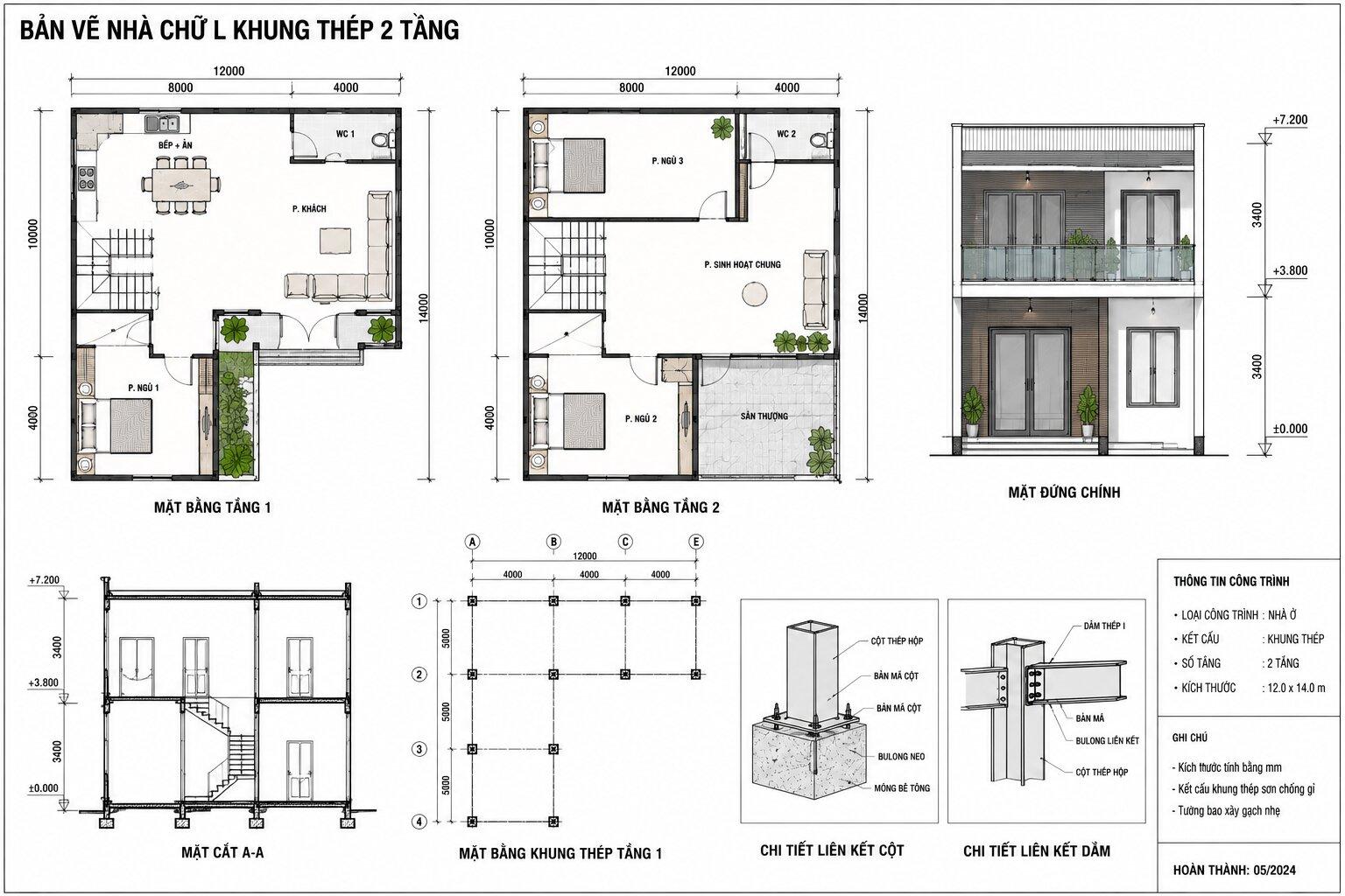 Bản vẽ mặt bằng công năng nhà khung thép 2 tầng chữ L thoáng đãng