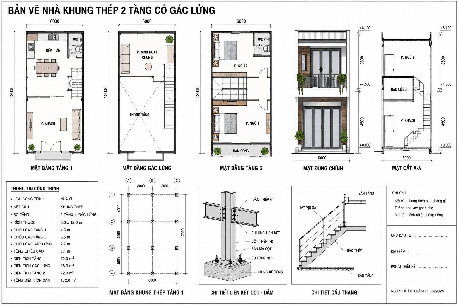 Bản vẽ cấu tạo hệ sàn gác lửng siêu nhẹ cho nhà khung thép 2 tầng