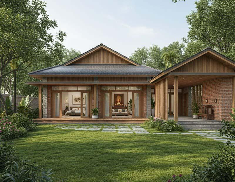 Mẫu nhà vườn nhà cấp 4 100m2 3 phòng ngủ 1 thờ