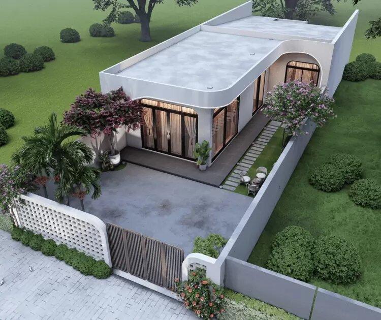 Phối cảnh từ trên cao mẫu nhà cấp 4 chữ L 2 phòng ngủ với khoảng sân trước và sân vườn xanh mát (Nguồn: Internet)