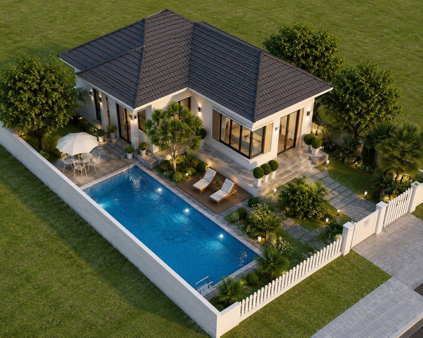 Phối cảnh từ trên cao mẫu nhà cấp 4 chữ L 2 phòng ngủ có bể bơi và không gian sân vườn thoáng đãng (Nguồn: Internet)