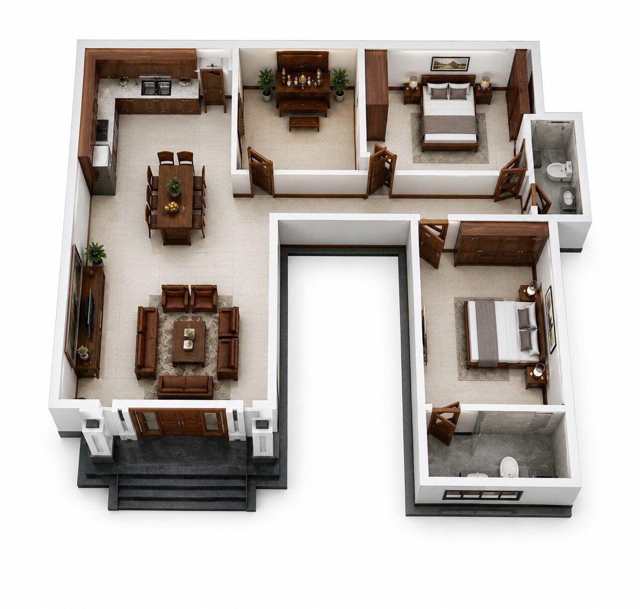 Bản vẽ mặt bằng 3D nhà cấp 4 chữ L 2 phòng ngủ với thiết kế phòng khách liền bếp hiện