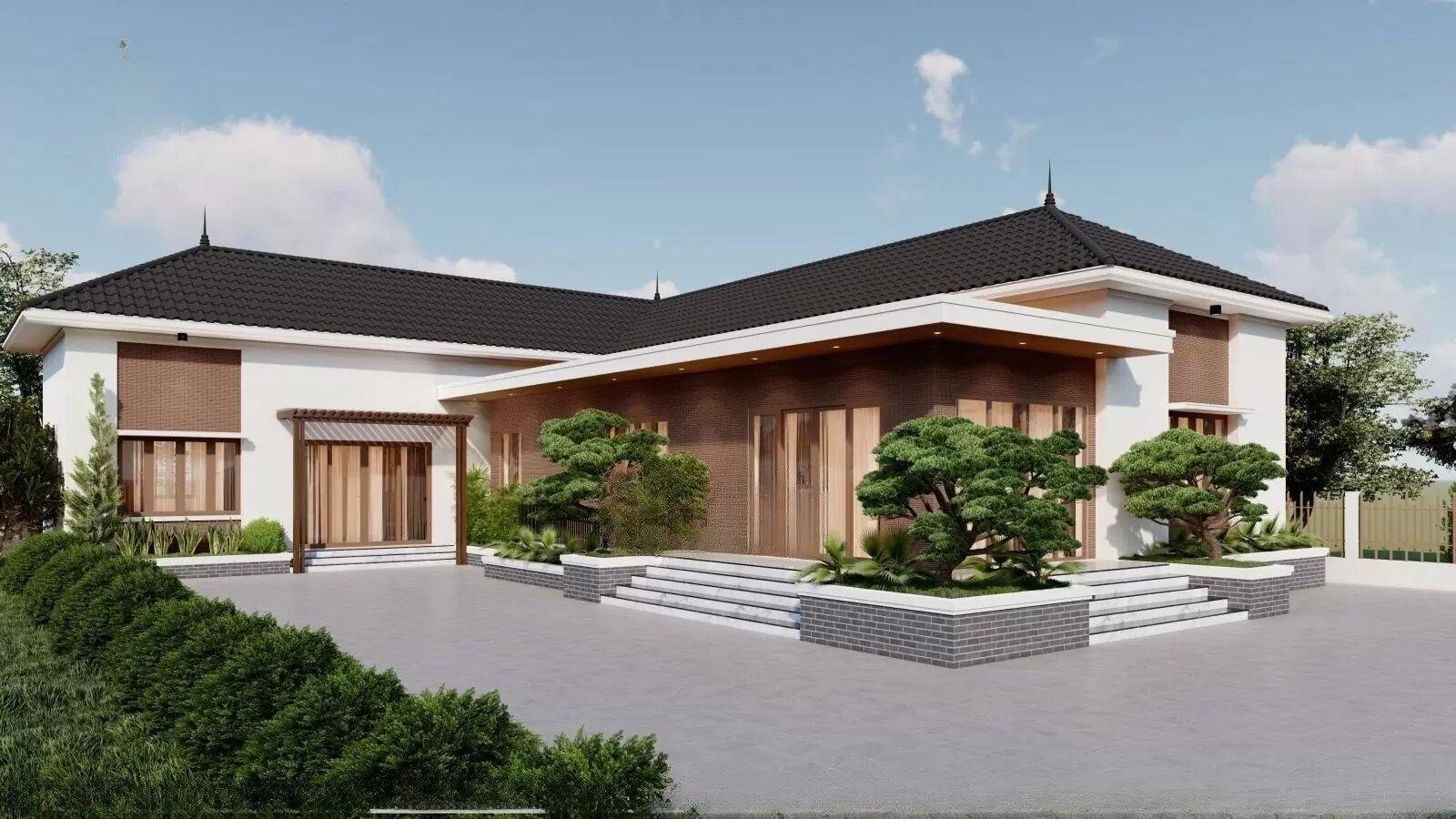Thiết kế nhà cấp 4 mái Thái chữ L 4 phòng ngủ kết hợp cảnh quan sân vườn thoáng đãng, gần gũi thiên nhiên (Nguồn: Internet)