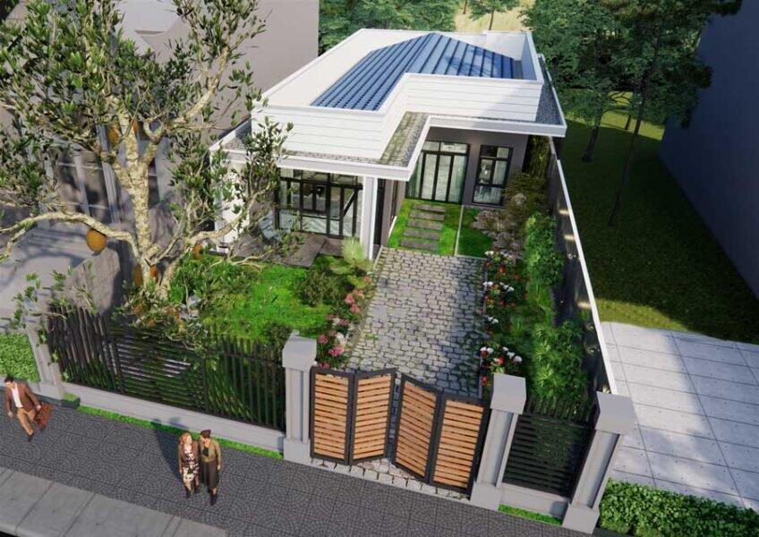 Mẫu nhà cấp 4 chữ L 4 phòng ngủ hiện đại với thiết kế sân trước rộng rãi, nhiều cây xanh (Nguồn: Internet)