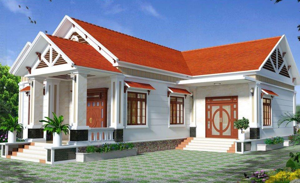 Mẫu nhà cấp 4 chữ L 4 phòng ngủ tại nông thôn với thiết kế mái ngói đỏ truyền thống và sân vườn thoáng đãng (Nguồn: Internet)