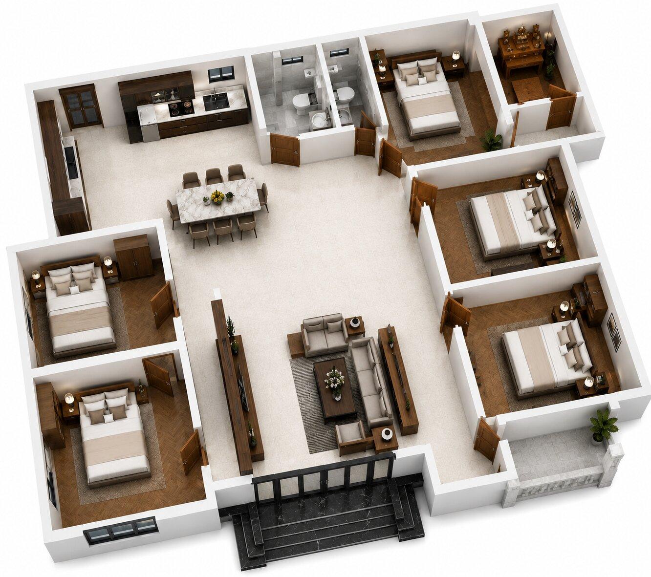 Thiết kế tối ưu cho nhà cấp 4 gồm 5 phòng ngủ và 1 phòng thờ đảm bảo công năng sử dụng tiện nghi