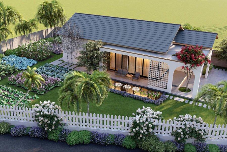 Kiến trúc nhà cấp 4 sân vườn rộng rãi, bao gồm 5 phòng ngủ và tiểu cảnh hồ cá sinh động (Nguồn: Internet)