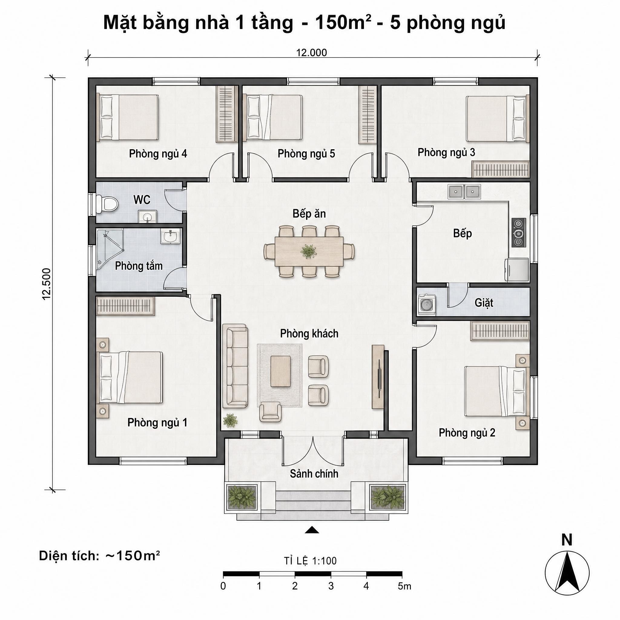 Bản vẽ mặt bằng nhà cấp 4 150m2 với thiết kế 5 phòng ngủ rộng rãi