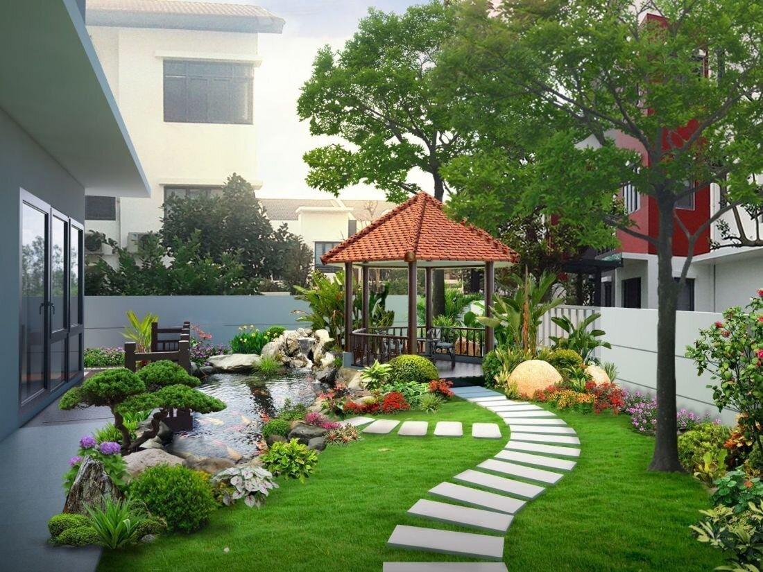 Mẫu sân vườn nhà cấp 4 có chòi nghỉ mái ngói đỏ kết hợp hồ cá Koi (Nguồn: Internet)