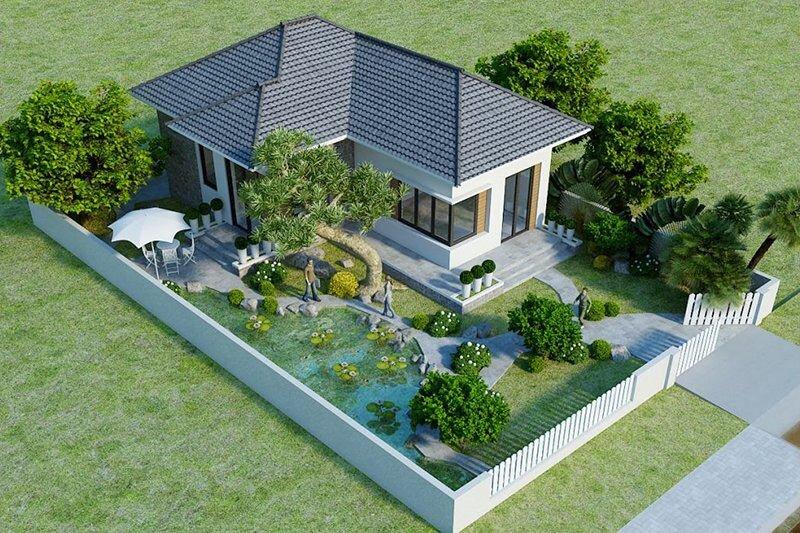Phối cảnh tổng thể nhà cấp 4 có sân vườn rộng thoáng bố trí ao súng và cây xanh (Nguồn: Internet)