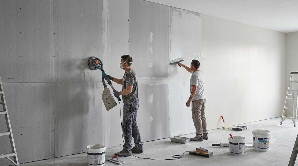 Công đoạn xả nhám và hoàn thiện sơn bả giúp bề mặt tường Cemboard phẳng mịn, đạt thẩm mỹ cao