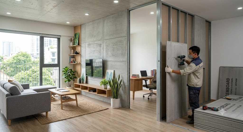 Ứng dụng làm vách ngăn nội thất giúp tối ưu hóa không gian và đảm bảo tiêu chuẩn chống cháy cho công trình