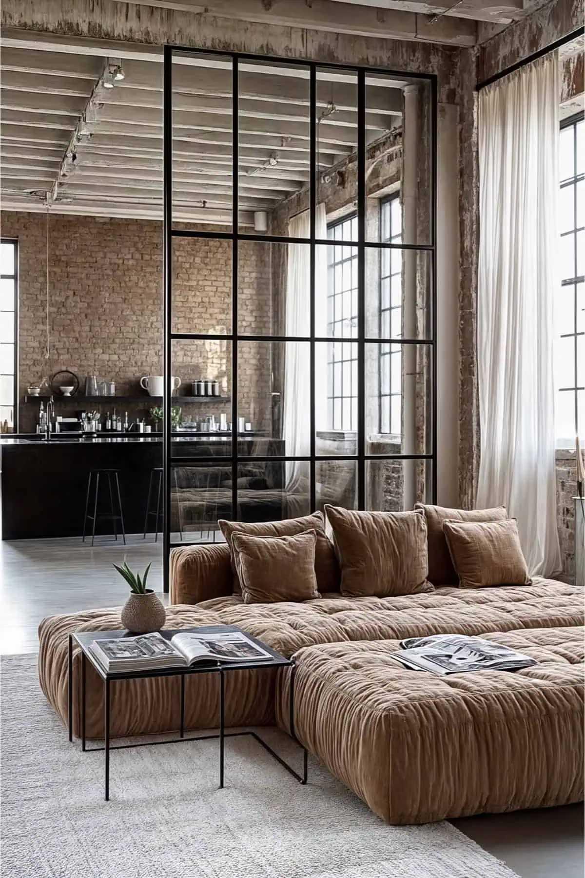Mẫu phòng trọ Industrial phối hợp sofa da nâu sẫm và khung bàn ghế sắt góc cạnh (Nguồn: Internet).