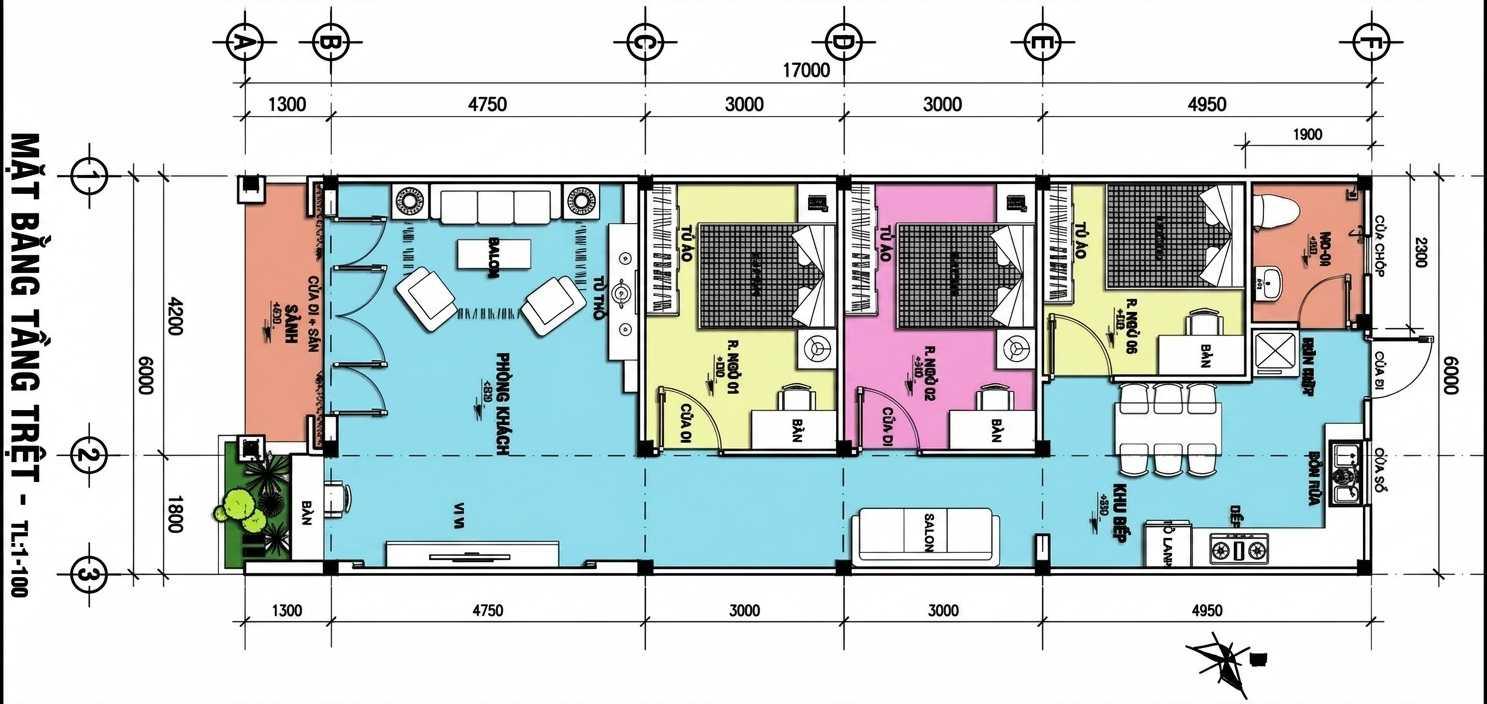Bản vẽ mặt bằng bố trí 3 phòng ngủ liền kề một bên nhà, phòng khách và bếp ở khu vực còn lại (Nguồn: Internet)