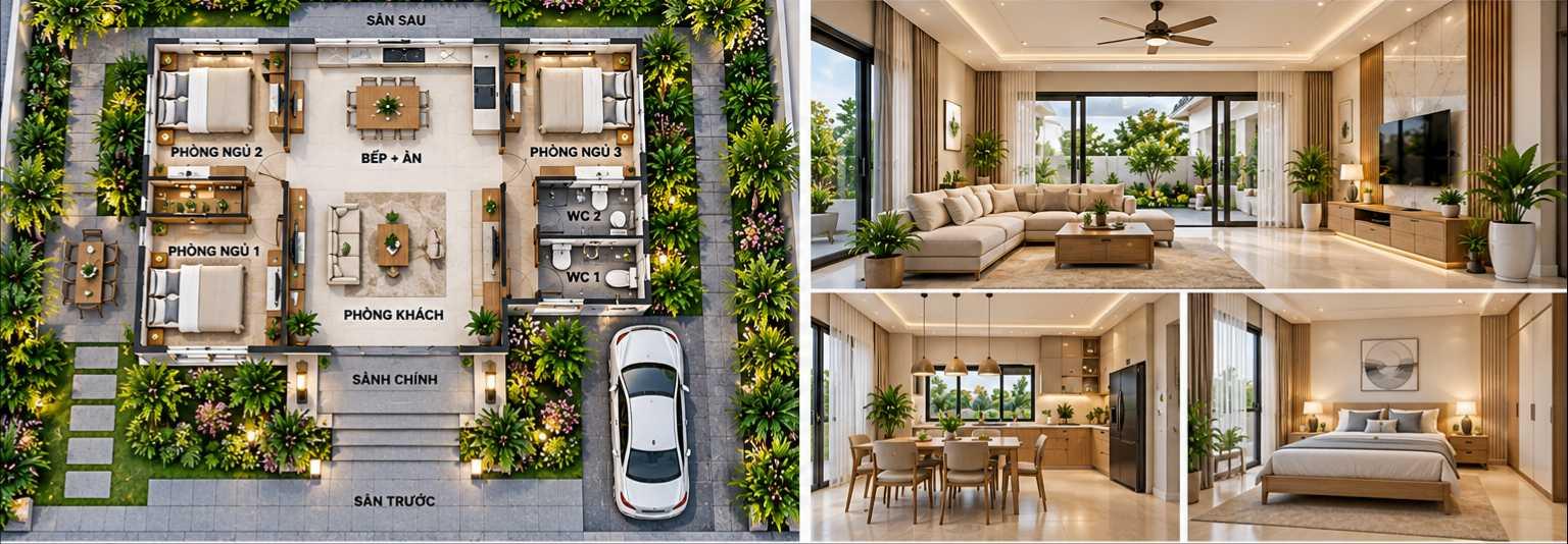 Bản vẽ 3D nhà cấp 4 mái Nhật 120m2 thể hiện cách bố trí 3 phòng ngủ và khu vực sinh hoạt chung