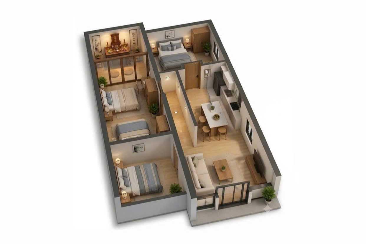 Mẫu nhà cấp 4 120m2 có 3 phòng ngủ và phòng thờ riêng đáp ứng nhu cầu sinh hoạt nhiều thế hệ